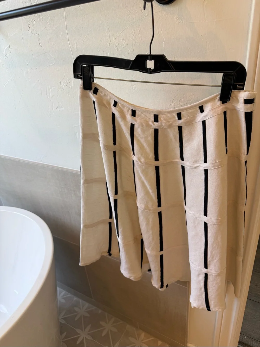 The West Village London. Linen. Classic Ivory A-Line Skirt with Black Stripes.